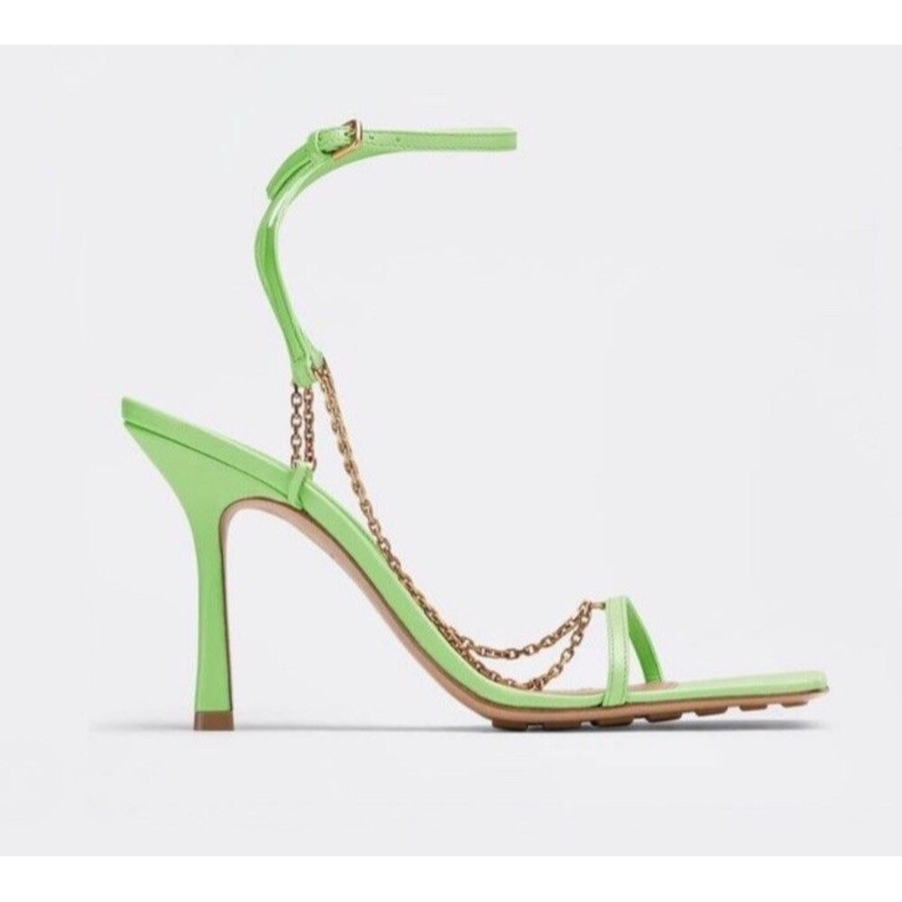 Bottega Veneta Stiletto Heels Mint Green Leather Square Toe Chain Pumps